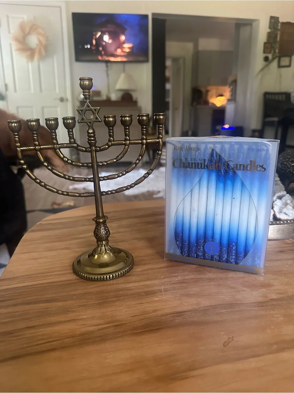 Rite Lite Hanukkah Brass Menorah with candles full box 45 made in India 9x6